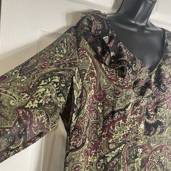 Vintage Y2K Liz Claiborne Studio Shirt Women 16W Black Green Sheer Ruffle Fairy - Picture 2 of 13